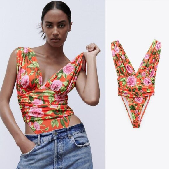 NWOT Zara Draped Floral Red Bodysuit M V-Neck One Piece Sexy Rushed Waist Resort - Picture 1 of 9